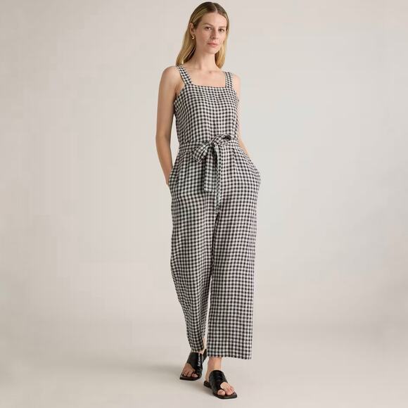 Quince European Linen Square Neck Jumpsuit in Khaki/Black Gingham Medium NWT - Picture 1 of 16